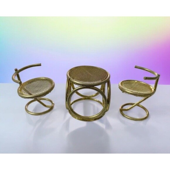 Vintage Brass Dollhouse Furniture 1 Table 2 Chairs Mesh Gold Furniture - Picture 1 of 8